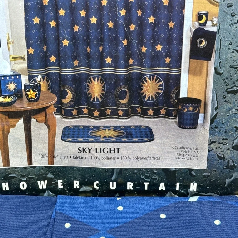 Vtg Sky Light Shower Curtain Navy Gold Celestial Sun Moon Stars READ